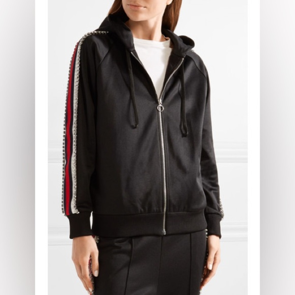 Gucci Black Jersey Knit Zip Track Bomber Jacket w/Stripes Swarovski Crystals